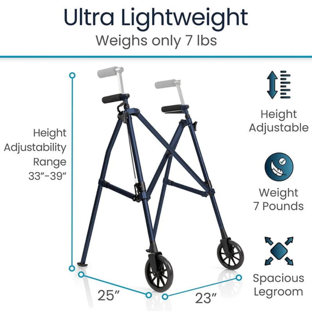 Ultra lightweight walker with height, weight, and legroom specifications on a white background