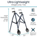 Ultra lightweight walker with height, weight, and legroom specifications on a white background