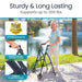 Woman using a walker with product features highlighted on a scenic background