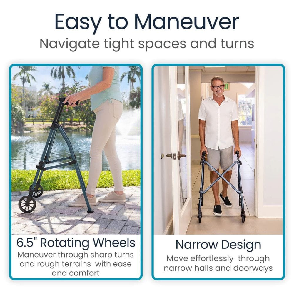 Two images showing a person using a walker with 6.5" rotating wheels outdoors and navigating through a doorway indoors.