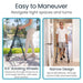 Two images showing a person using a walker with 6.5" rotating wheels outdoors and navigating through a doorway indoors.