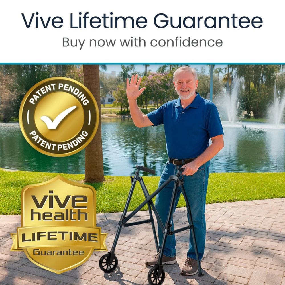Man with a walker in a park setting, promoting Vive Health with lifetime guarantee and patent pending logos.