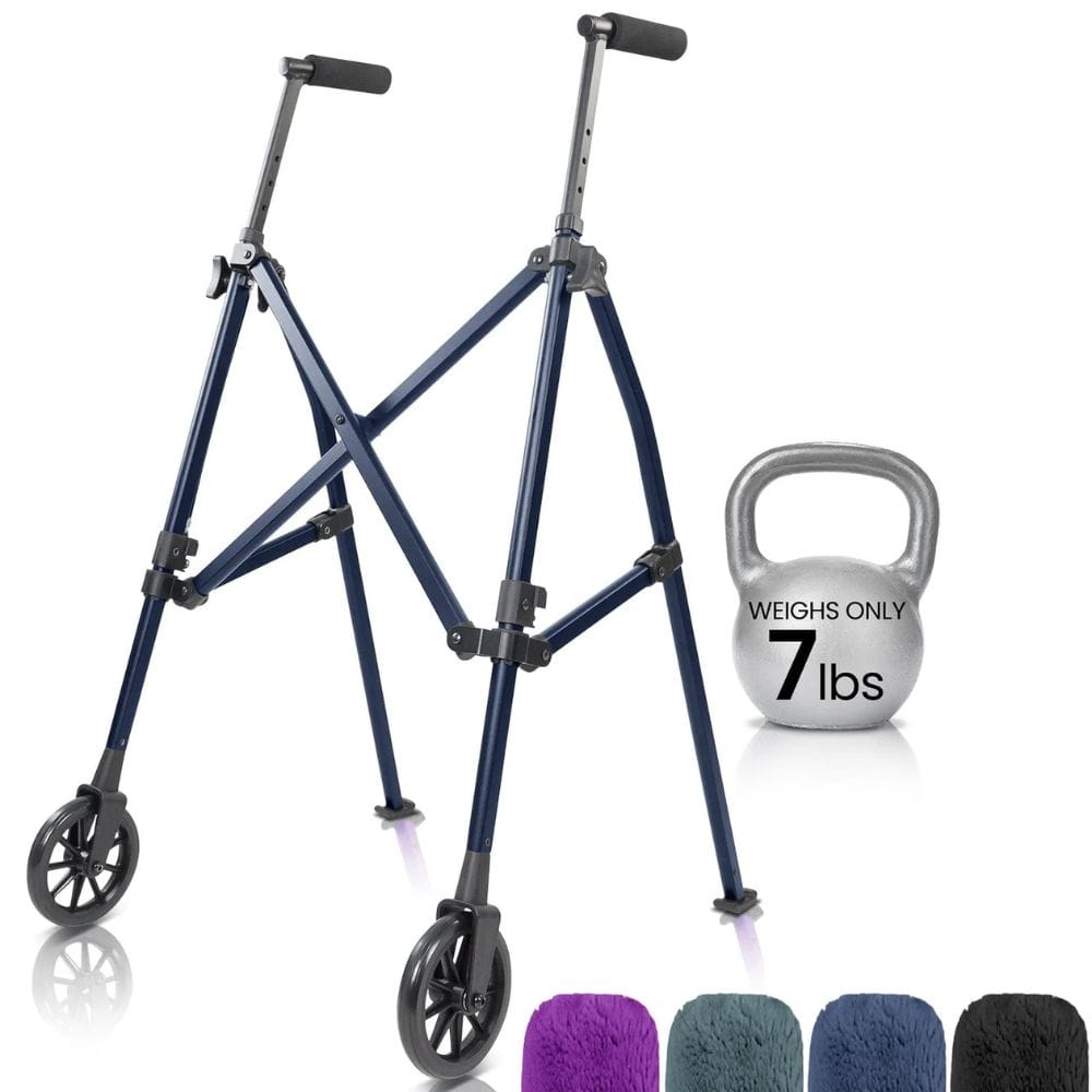 Navy walker with wheels and a silver kettlebell labeled '7 lbs' on a white background