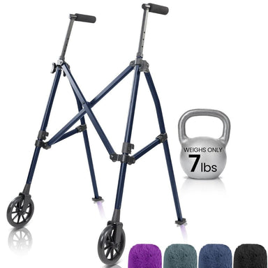 Navy walker with wheels and a silver kettlebell labeled '7 lbs' on a white background