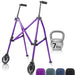 Purple walker with wheels and a silver kettlebell labeled '7 lbs' on a white background