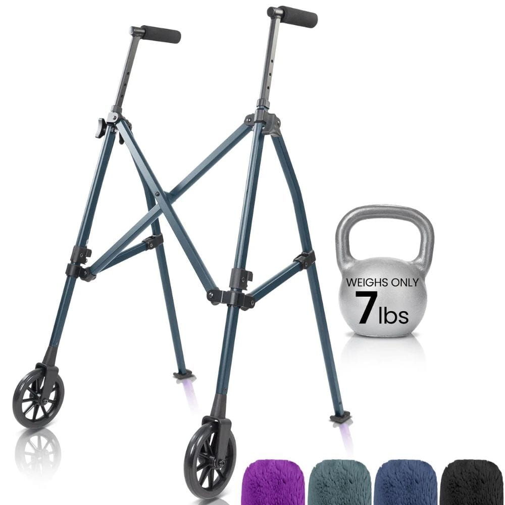 Foldable walker with wheels and a 7-pound kettlebell on a white background