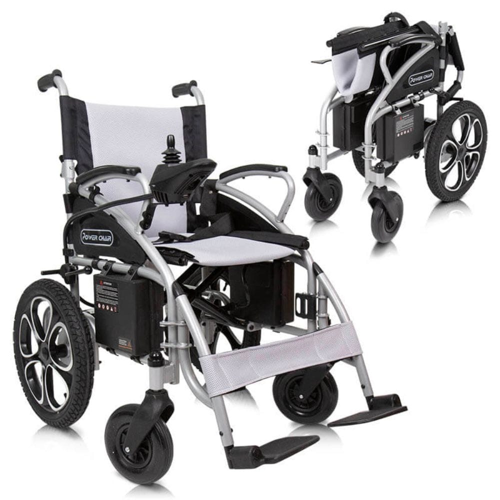 Two electric wheelchairs on a white background
