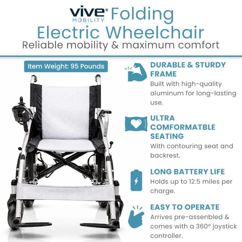 Vive Mobility folding electric wheelchair with features listed on a white background