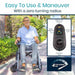 Man using a mobility scooter with text highlighting ease of use and maneuverability, and a close-up of the scooter's controller.