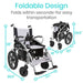 Foldable electric wheelchair with dimensions highlighted on a white background