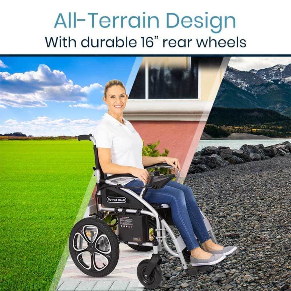 Woman using a power wheelchair with all-terrain design in various outdoor settings.