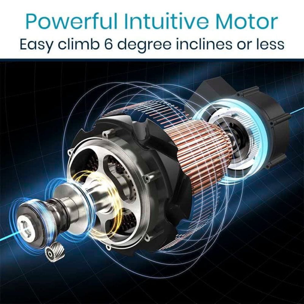 Motor with text highlighting its features on a dark background