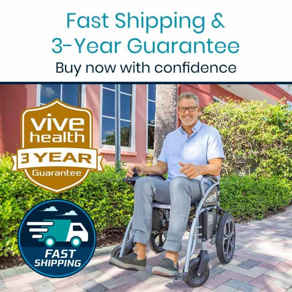 Man in a wheelchair outdoors with Vive Health branding for fast shipping and 3-year guarantee.