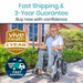 Man in a wheelchair outdoors with Vive Health branding for fast shipping and 3-year guarantee.