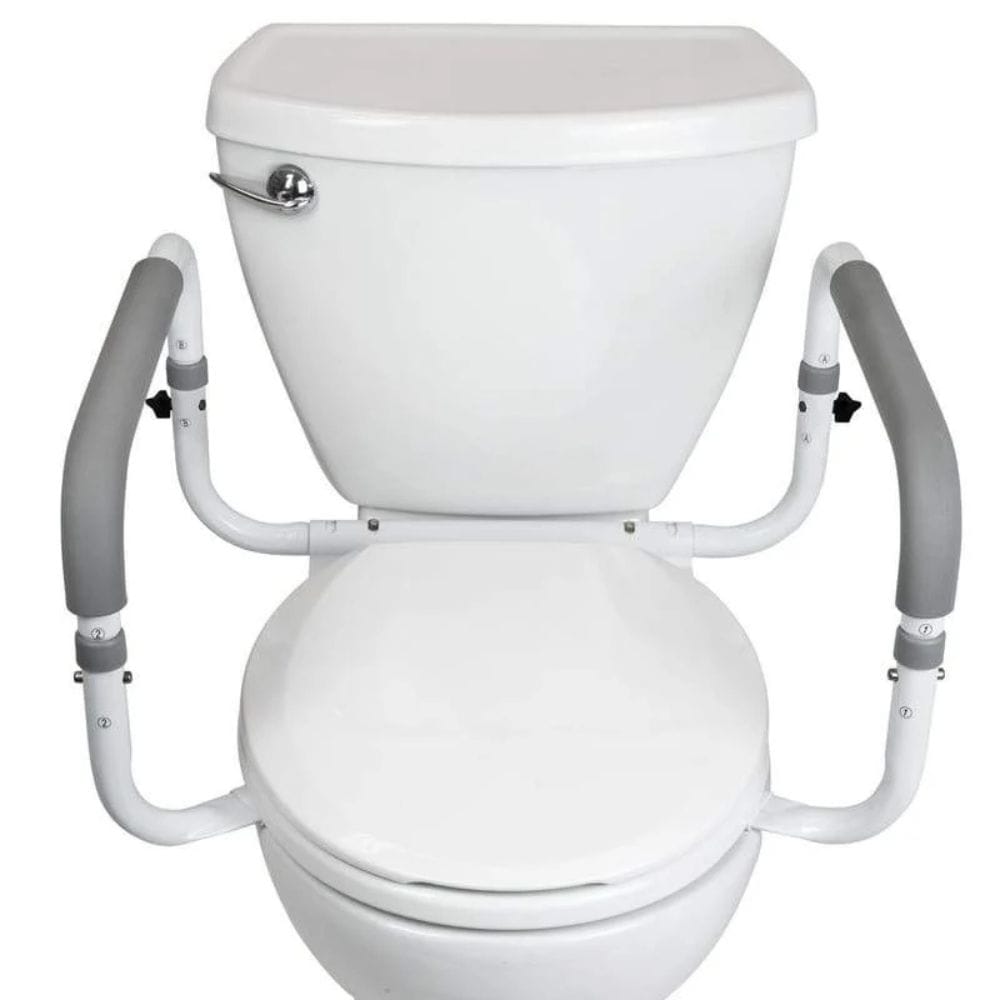 White toilet with adjustable armrests on a white background