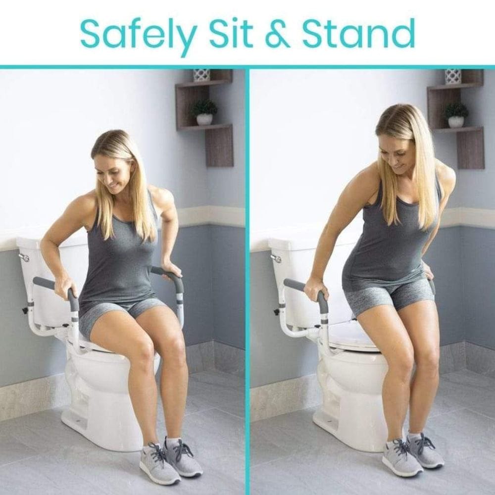 Woman using a safely sit & stand toilet aid in a bathroom setting.