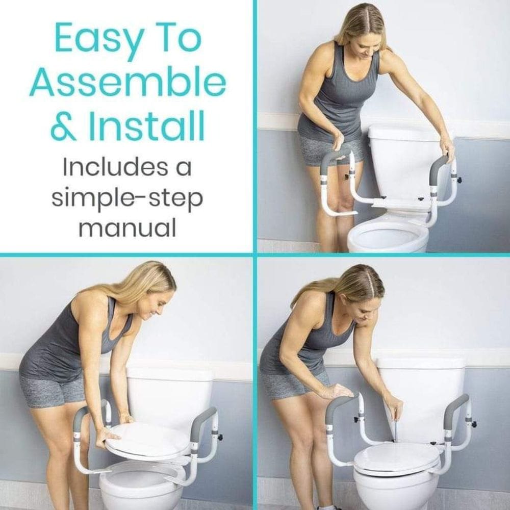 Toilet seat raiser assembly process with text 'Easy To Assemble & Install' and 'Includes a simple-step manual'.
