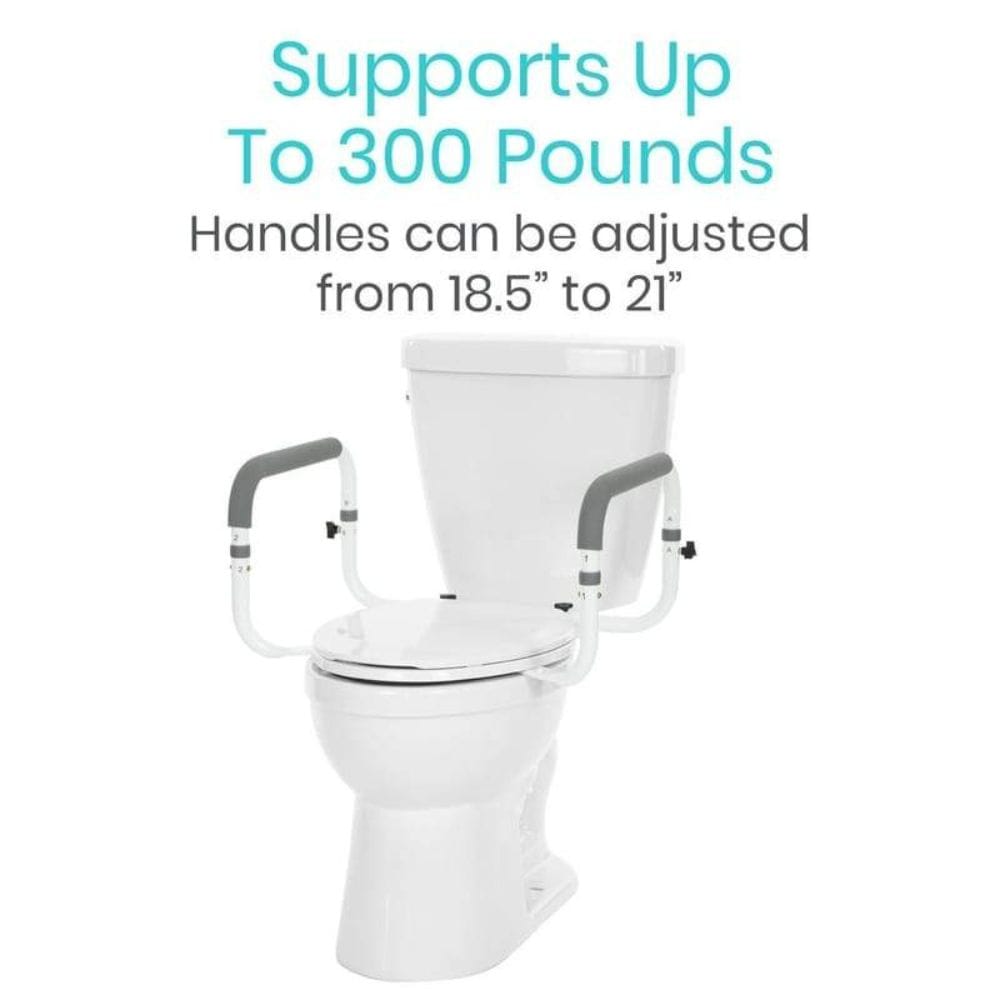 White toilet with adjustable gray handles on a white background, featuring text about weight support and handle adjustment.