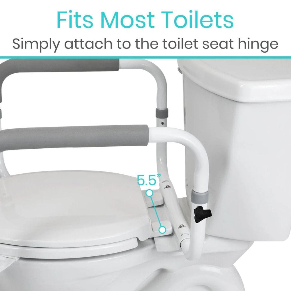 Toilet seat attachment device with text indicating compatibility and installation method.