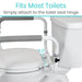Toilet seat attachment device with text indicating compatibility and installation method.