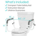 Toilet safety rail with dimensions and included features listed on a white background