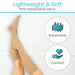 Legs wearing beige compression stockings with text 'Lightweight & Soft' and icons indicating breathable and comfortable fabric.