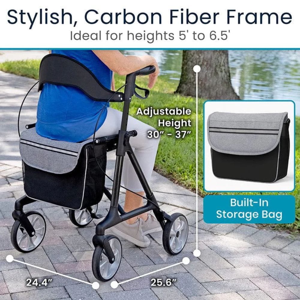 Stroll cart with carbon fiber frame, adjustable height, and built-in storage bag, ideal for heights 5' to 6.5'.