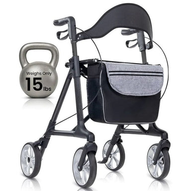 Black rollator with a bag and a 15-pound kettlebell on a white background