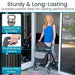 Woman using a walker with text highlighting features like durability, braking system, and weight capacity.