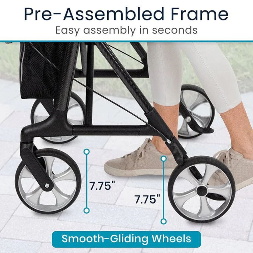 Black stroller with smooth-gliding wheels and pre-assembled frame on a white background