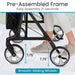 Black stroller with smooth-gliding wheels and pre-assembled frame on a white background