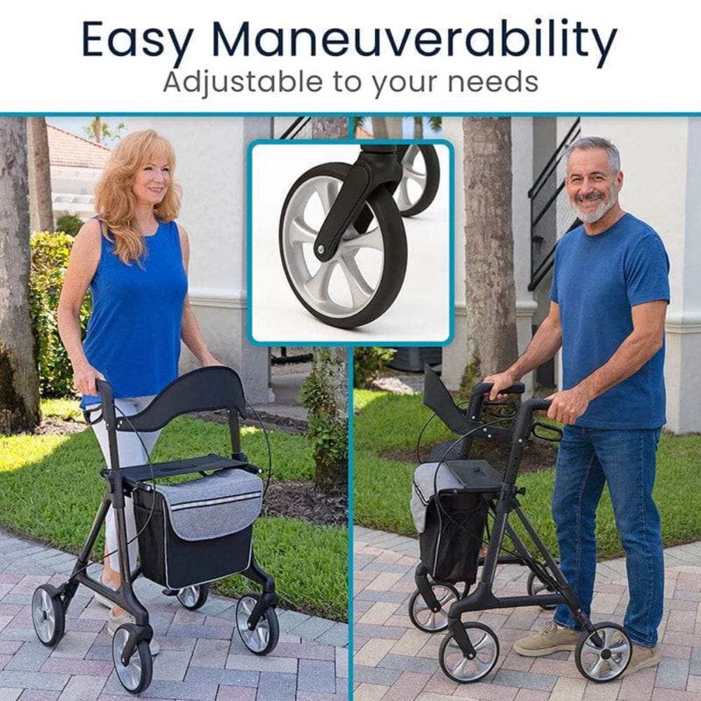 Two people using a rollator with adjustable wheels, set against an outdoor background.