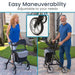 Two people using a rollator with adjustable wheels, set against an outdoor background.