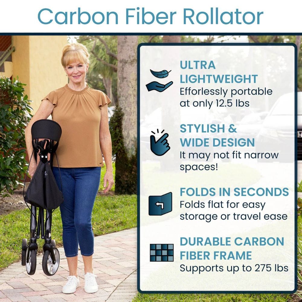 Woman holding a carbon fiber rollator with product features displayed on the right.