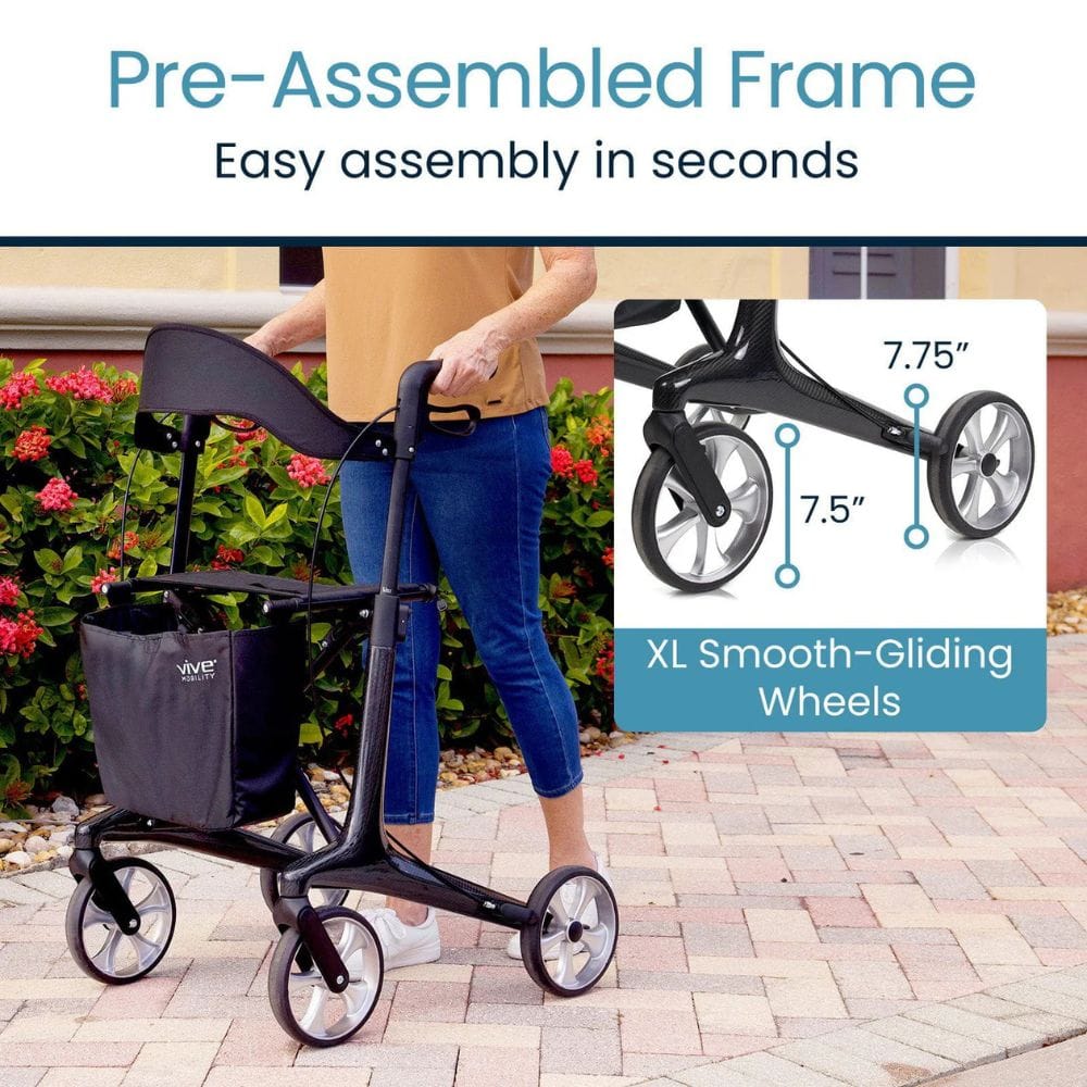Person using a rollator with text about pre-assembled frame and XL smooth-gliding wheels.