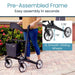 Person using a rollator with text about pre-assembled frame and XL smooth-gliding wheels.