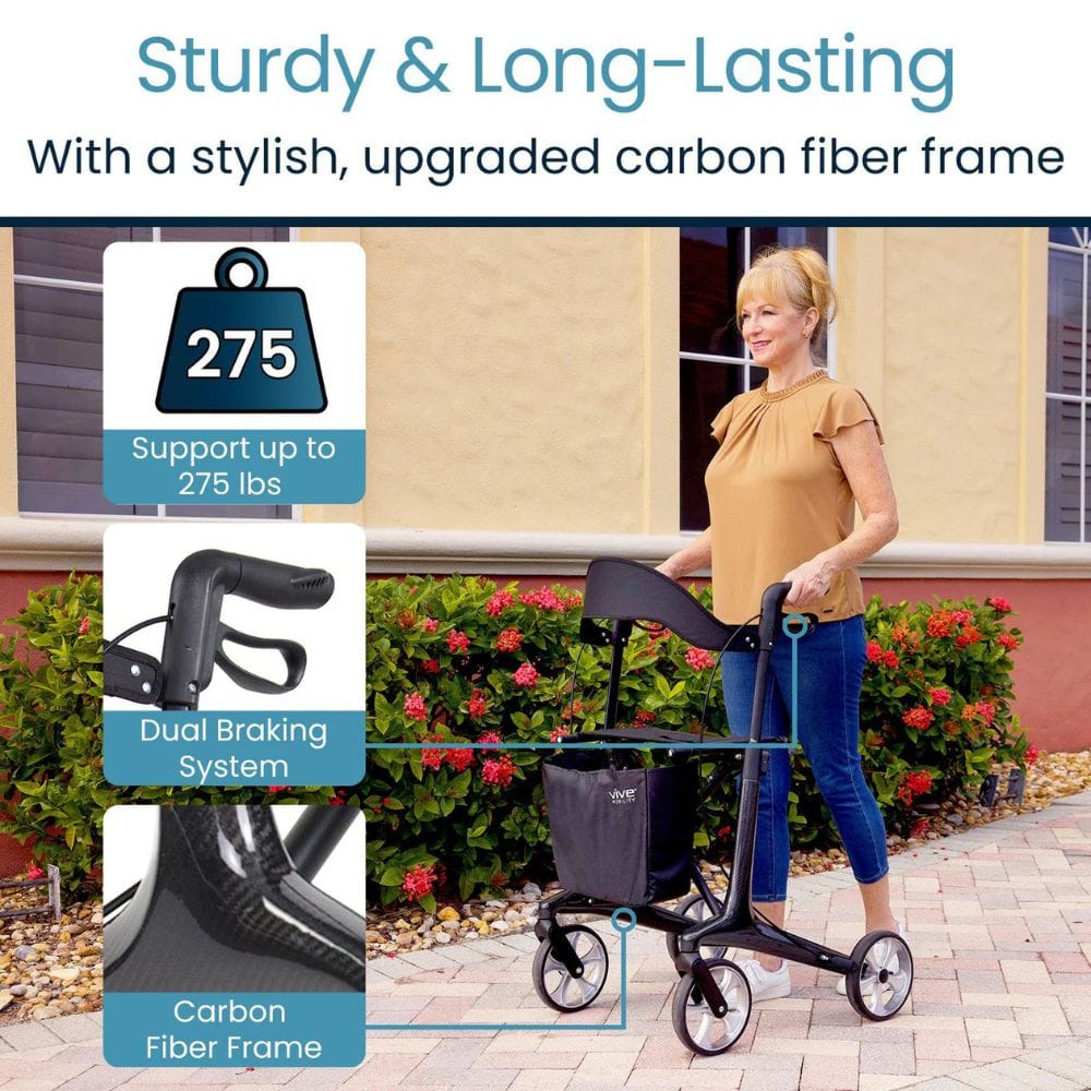 Woman using a rollator with text highlighting features like support capacity, braking system, and carbon fiber frame.