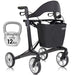 Black rollator with a kettlebell labeled 'Weights Only 12 lbs' on a white background