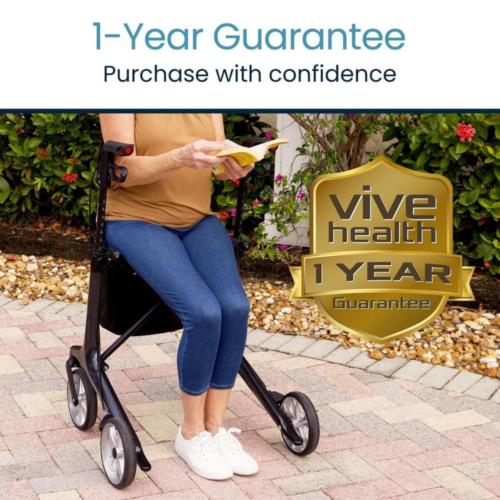Person using a rollator with 'Vive Health' 1-year guarantee badge.
