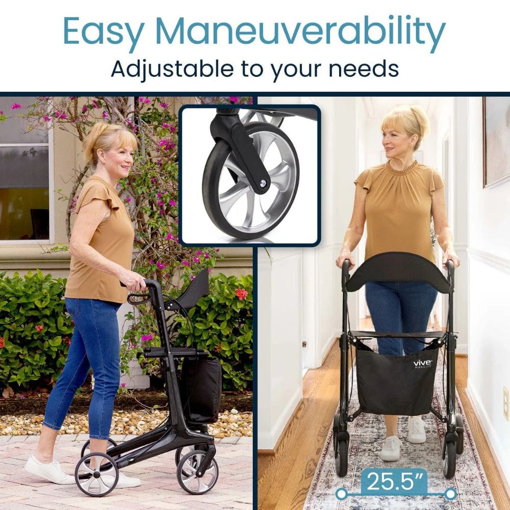 Woman using a adjustable walker with ease, highlighting its maneuverability and size.