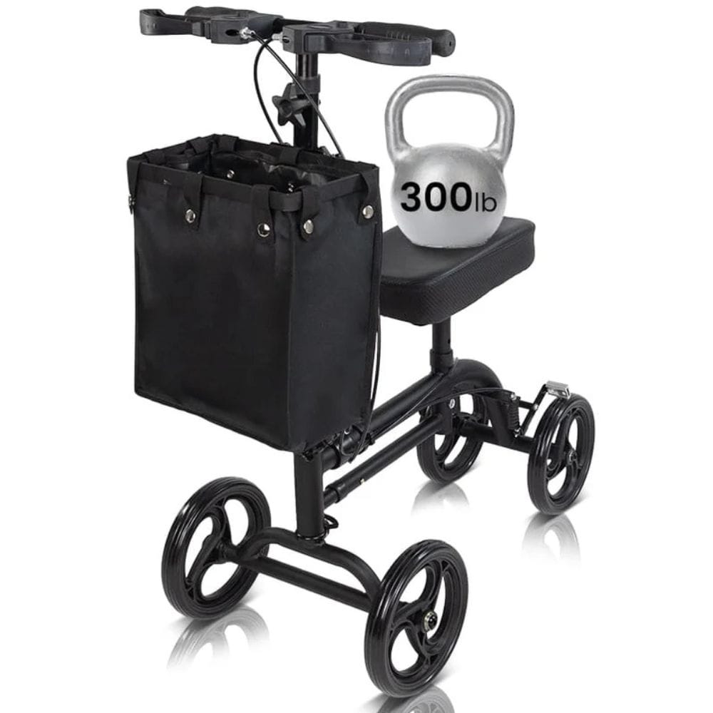 Black knee walker with a bag and a 300 lb kettlebell on a white background