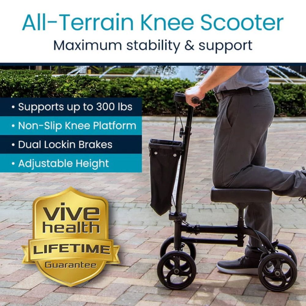 All-Terrain Knee Scooter with person using it on a sidewalk, featuring Vive Health lifetime guarantee badge.