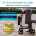 All-Terrain Knee Scooter with person using it on a sidewalk, featuring Vive Health lifetime guarantee badge.