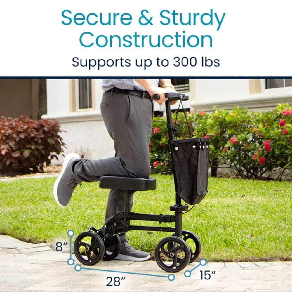 Person using a knee walker with text highlighting its secure construction and weight capacity.