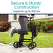 Person using a knee walker with text highlighting its secure construction and weight capacity.