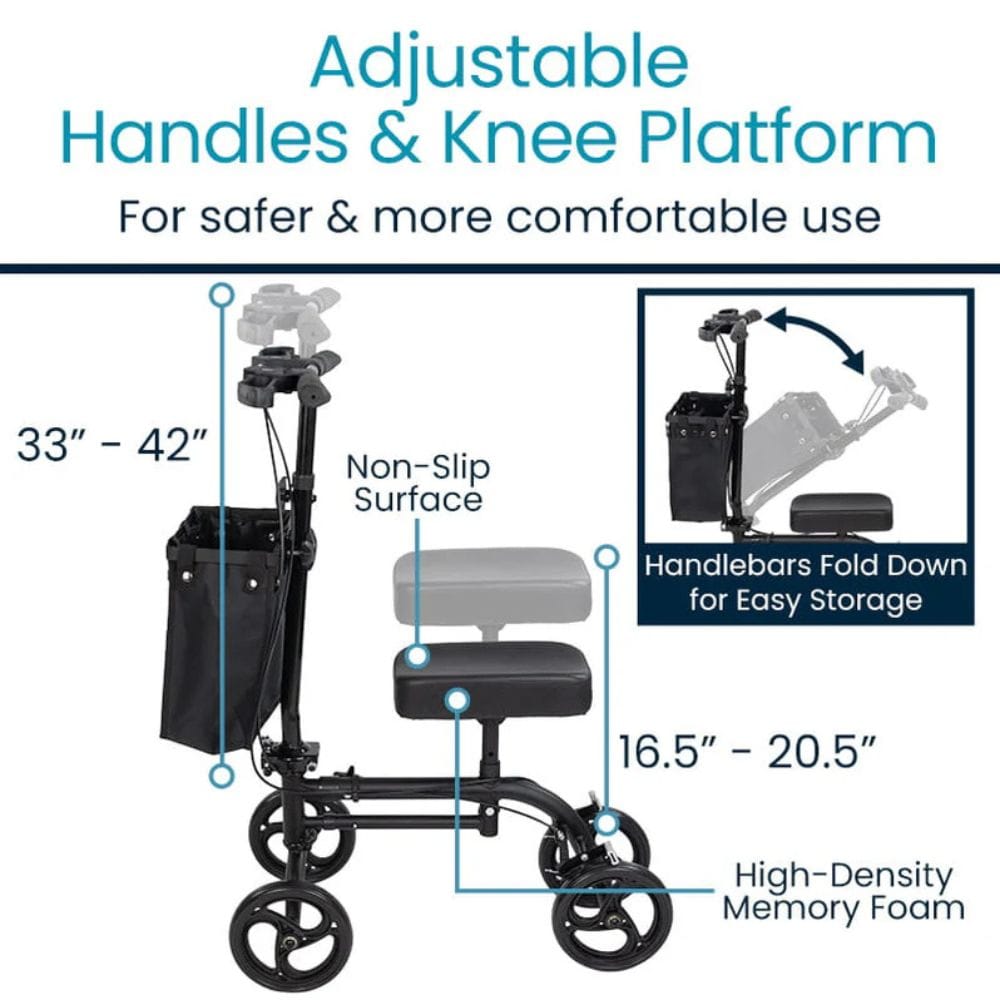Knee walker with adjustable handles and knee platform on a white background