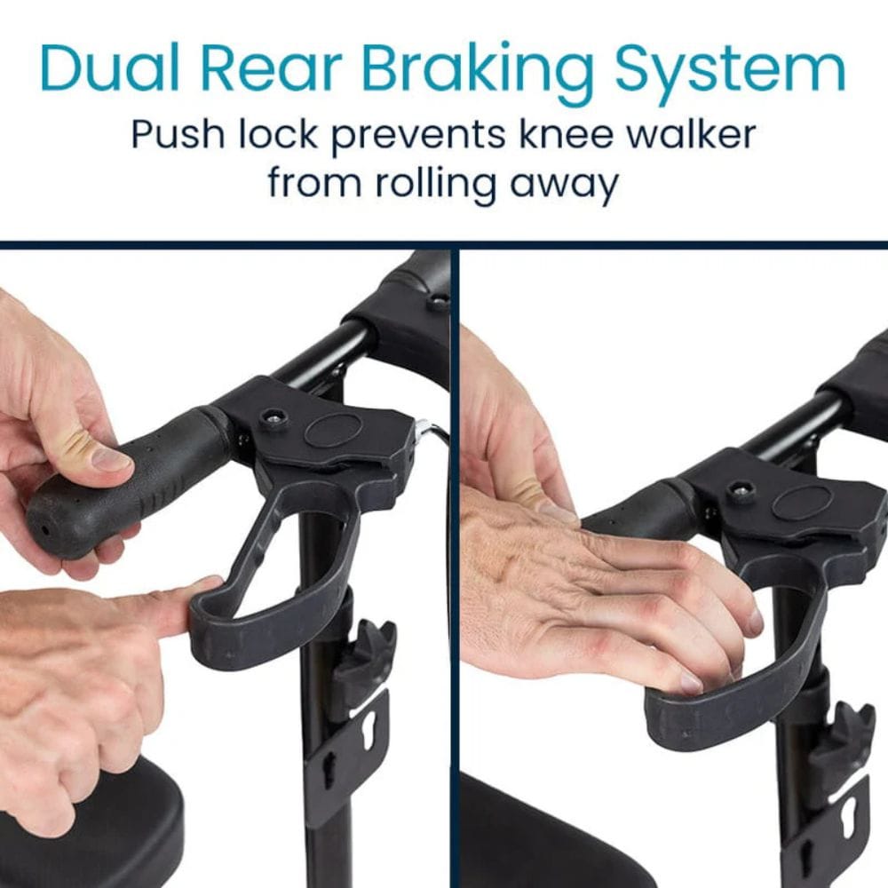 Dual rear braking system for a knee walker with text explaining its function.