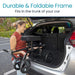 Woman loading a durable and foldable frame into the trunk of a car with text highlighting its features.