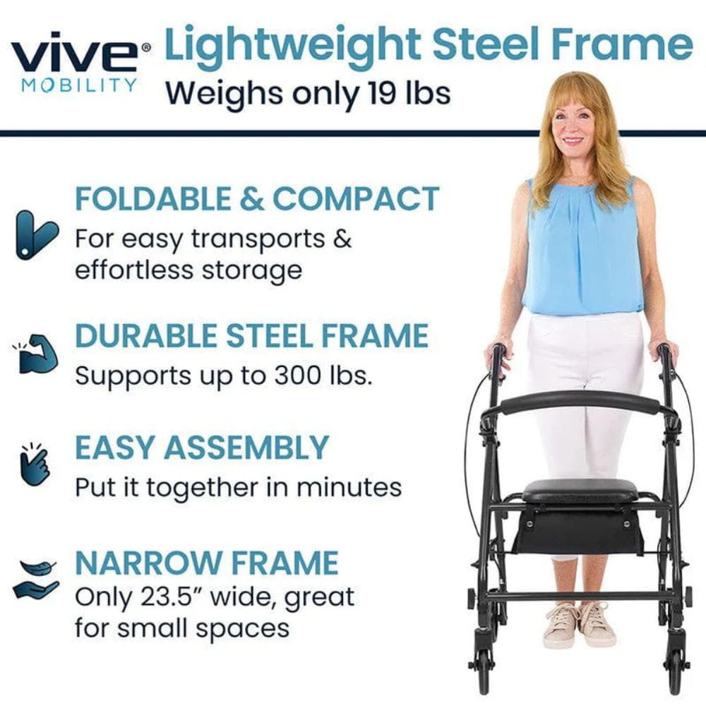 Vive Mobility walker with features listed on a white background