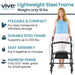 Vive Mobility walker with features listed on a white background